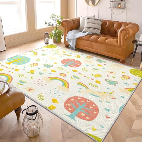 Kurzflor Flanell Teppich 60x90 cm Cartoon-Waldthema rutschfest & Waschbar Wohnzimmer Teppich Gelb Wohndekoration Teppiche Matte für Kinderzimmer und Sofa Büro Esszimmer