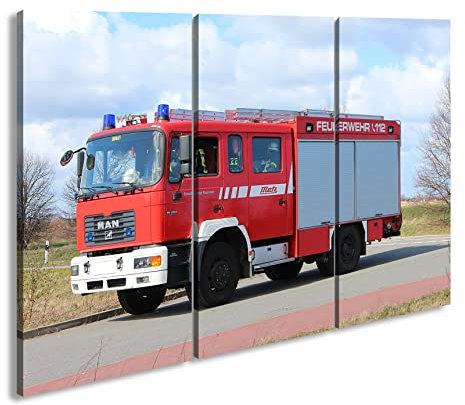 deyoli Leinwandbild Rotes Feuerwehrauto – mutig im Einsatz Format: 120x80cm (3Teilig) XXL Kunstdruck Bild auf Holzrahmen/Wandbild/Wohnzimmer Dekoration