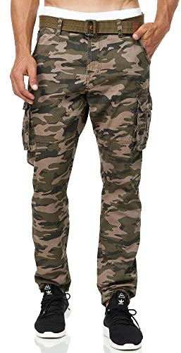 Indicode Herren William Cargohose aus Baumwolle m. 7 Taschen inkl. Gürtel | Outdoorhose Dired Camouflage, L