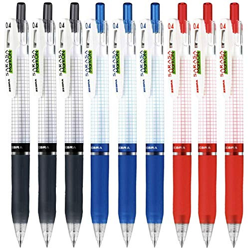 Zebra sarasa Mark on Gel ink 0.4mm ballpoint pens ink color (Black,Blue,Red) pack of 9