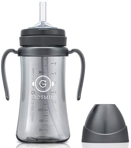 GROSMIMI Auslaufsicher, kein Verschütten, magische Schnabeltasse mit Strohhalm mit Griff, für Baby und Kleinkinder, anpassbar, PPSU, BPA-frei, 284 ml (Anthrazit)