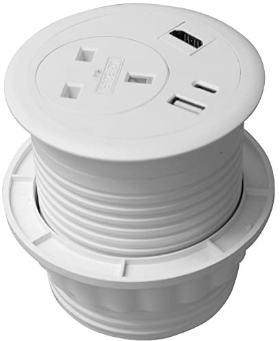 Allcam G8-series Commercial Grommet Power I Extension Socket for Desks with Ø80mm Cable Hole, USB A+ C PD Chargers, High Definition AV, UK Socket in White