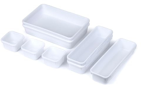 LIVIVO 8pc Interlocking Drawer Organiser Set – Versatile White Plastic Storage Trays for Desk, Makeup, Jewellery, Clothing and Home Drawer Organisation