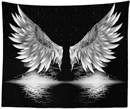 Schwarz Weiß Wandteppich Wandbehang, Ästhetische Trippy Boho Psychedelische Lustige Hippie-Wandteppich Angel Wings Art Decor für Schlafzimmer Wohnzimmer College Wohnheim (200×150 cm (80×60 inch))