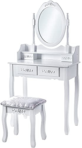 KADAX Schminktisch mit Spiegel, Schublade und Schemel, 75 x 40 x 147 cm, Frisiertisch, Frisierkommode, Kosmetiktisch für Schlafzimmer, Garderobe (Weiß)