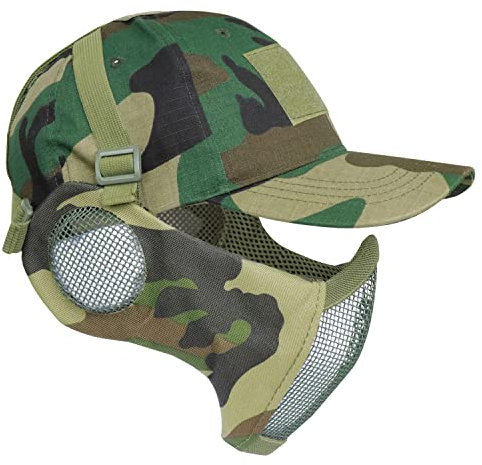 Yzpacc Airsoft Demi-masque et chapeau patch ensemble masque en maille d'acier avec protection des oreilles et casquette de baseball masque de protection tactique pour CS Game BB Gun Paintball chasse