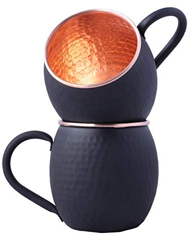 STAGLIFE 20 Oz Black Matte Moscow Mule Mugs Pure Solid Copper Cups for Drinking Moscow Mules, Genuine Copper Mug with Rose Gold Copper Rims, Hammered Real Solid Copper Cup Set of 2 for Him, Unlined
