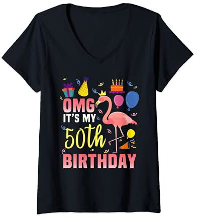 Femme Cadeau pour homme et femme de 50 ans - Motif flamant rose - It's my 50th Birthday T-Shirt avec Col en V
