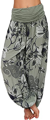 Italy Moda Aladinhose Damen Haremshose leichte Sommerhose Blume Rose XS-L (XS-L, Oliv Blume)