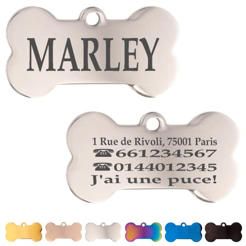 Iberiagifts - Plaque d'identification en forme d’os en Acier Personnalisé gravée Pour animaux de compagnie moyens à grands. (Argent) 40 X 21 mm