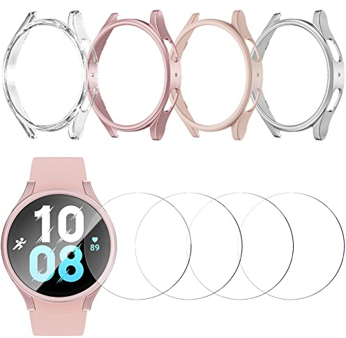 JZK Schutzhülle für Samsung Galaxy Watch 5/4 44mm - 4 Hart PC Hülle und 4 HD Gehärtetes Displayschutz Folie, Smartwatch Zubehör