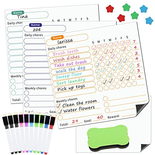 Meetory Magnetic Chore Chart for Kids, 4 Pack Reusable Good Behaviour Reward Chart for Children with 10 White Board Markers, 1 Eraser, Daily Routine Chart Chores Board for Children Kids Adults Family