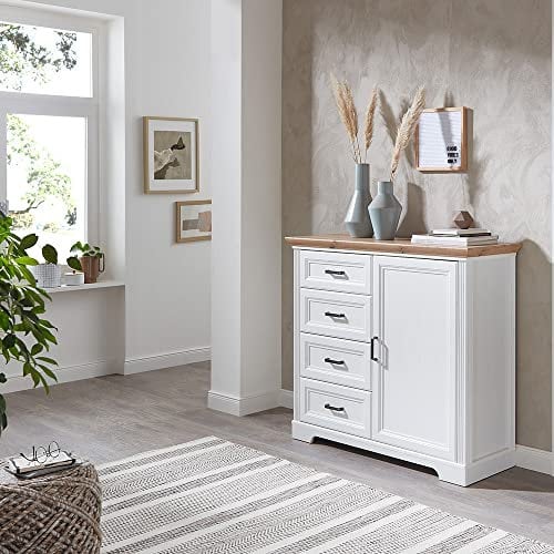 Kommode Anrichte 115 cm breit Landhausstil mit 4 Schubkästen in Pinie weiß Nb. mit Artisan Eiche Nb., B/H/T ca. 115/102/41 cm