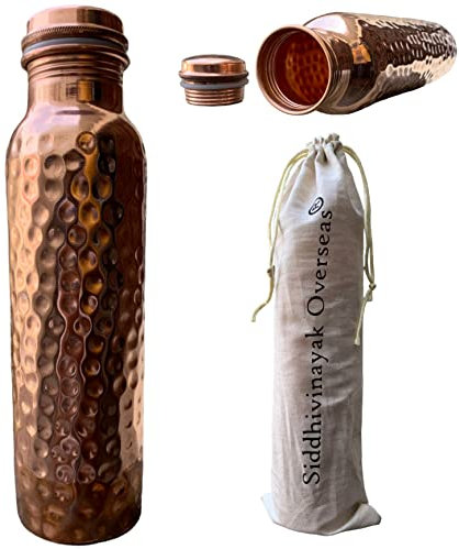 Kupfer-Wasserflasche zum Trinken von Kupferbechern, 100 reine Kupfer-Wasserflasche, Kupfer von Siddhivinayak Overseas 950 ml, handgefertigt, gehämmert, ayurvedischer Kupferbecher, Spender, Wasserkrug