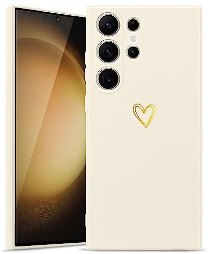 Wirvyuer for Samsung Galaxy S23 Ultra Case with Cute Heart Pattern for Women Girls Soft Shockproof Protective Silicone Phone Case, Cream