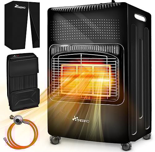 TRESKO Stufa a Gas da 4200 Watt, con regolatore di pressione del gas, tubo del gas + copertura, riscaldatore a gas, con 3 livelli, Riscaldamento a gas (nero)