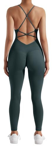 RXRXCOCO Spaghetti Strap Gerippte Jumpsuit Damen Eng Rückenfreie Padded Overall Bauchweg Yoga Sport Einteiler Romper Bodysuit #2 Dunkelgrün L