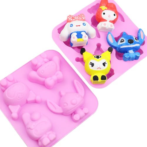 Funwaretech Cartoon Chocolate Mould,4-Cavity 3D Silicone Kuromi Stitch Melody Cinnamoroll Non-Stick Sweet Moulds for Baking,Cake Topper Moulding Cookie Ice Jelly and Handmade DIY Wax Melt Moulds