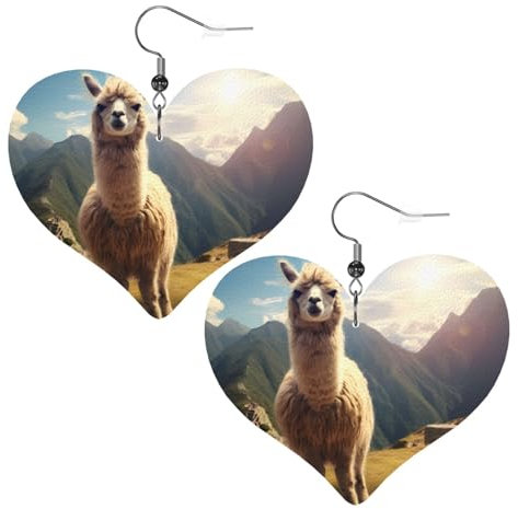 Herz-Ohrringe mit Lama-Muster, 2 Stück, stilvoll und schön, leicht, baumelnd für Frauen und Mädchen, Einheitsgröße, Leder