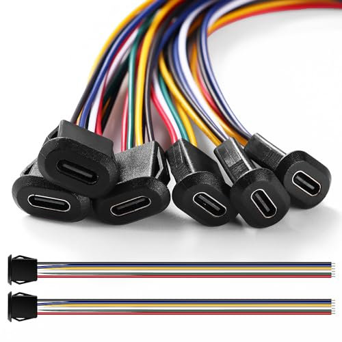 KUOQIY 6 Pièces USB-C Femelle 6 Fils Connecteur de Prise 3A, Connecteur USB-C Femelle 6 Fils avec Boucle à Rainure à Pression, USB Type-C Souder Connecteur avec 150mm 24 AWG, Noir