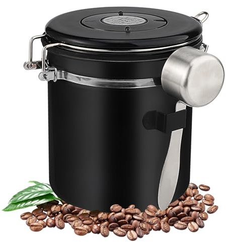 Hisdricus Bocal hermétique (1,5L), boîte à café hermétique, matériau en acier inoxydable, avec cuillère en acier inoxydable,adapté pour conserver des grains de café,du thé et des noix (Noir)