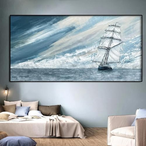 ZHUOYA Großsegler, Boot, blauer Meereshorizont, Leinwandgemälde, Segelboot, Yacht, Poster und Druck, Wandbild für Wohnzimmer, Cuadros-Dekor, 70 x 100 cm, rahmenlos