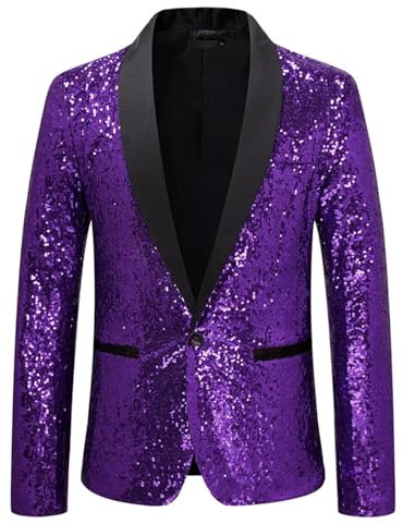 OWEIEYEU Lucido Paillettes Impreziosito Blazer Uomo Un Bottoni Scialle Collare Nightclub Stage Wedding Wear, X51 Viola, L