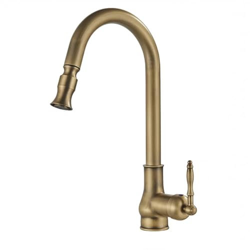 LAKKOAKOAA Wasserhahn Küche - Küchenarmatur Mit Brause Ausziehbar, Retro Antik Stil Messing Einhebel 360° Schwenkbar Spültischarmatur Mischbatterie, Hoher Auslauf Armatur Küche, Bronze