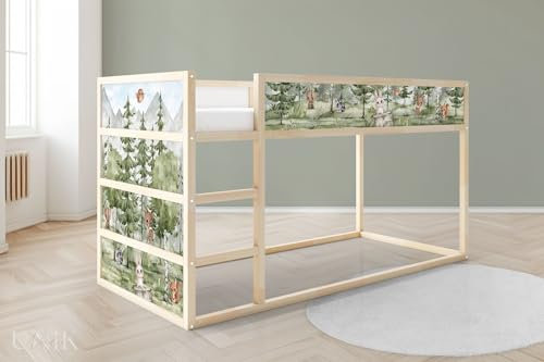 UNIK Nordic Aufkleber für KURA Hochbett, Tannenwald mit Tieren 5-Sticker-Set Oben, Bettaufkleber, Sticker für Kinderbett, Möbelfolie fürs Kinderzimmer, Bettfolie für Kinder