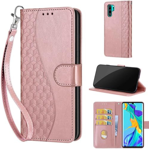 Handyhülle für Huawei P30 Pro Hüllen Premium Leder Flip Wallet Case Magnet Kartenfach Standfunktion Klapphülle kompatibel mit Huawei P30 Pro Hülle -3D Roségold