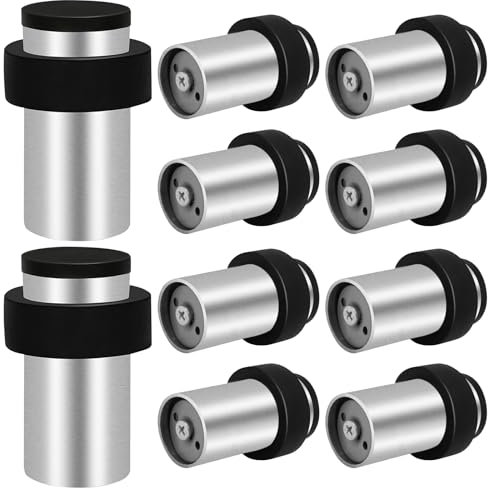 Door Stops, Floor Wall Mounted Door Stopper Silver Stainless Steel Heavy Duty Door Stop Modern Tall Door Stoppers for Skirting, Outdoor Doorstop with Sound Dampening Rubber Tip & Ring, 64mm, 10 Pack