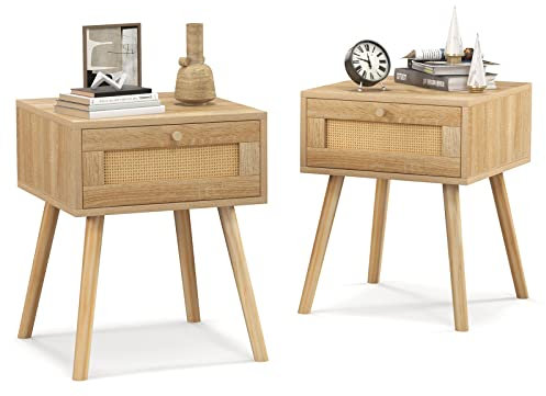RELAX4LIFE Nachttisch 2er Set, mit Schublade, Beistelltisch mit Rattan-Design, Nachtkommode mit Massiven Kiefernholzbeinen & Metallgriff, Sofatisch Wohnzimmer Schlafzimmer, 40 × 40 × 55 cm (2)
