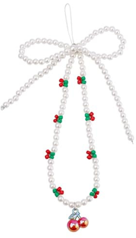 Mikovivi Cherry and Bow Phone Charm with Beaded Lanyard, Wrist Chain Bracelet Keychain for Women