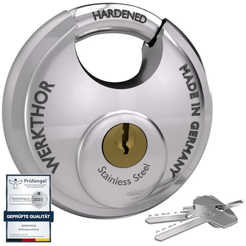 Lucchetto WERKTHOR con Chiave - Lucchetto a Disco da 7 cm per Serratura di Rimorchio - Lucchetto di Sicurezza + 2 Chiavi - Lucchetto a Grillo Rotondo