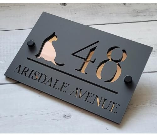 Personalized Outdoor House Numbers Plate Cat House Sign Customized 3D Door Sign Modern Acrylic House Number Plaque Laser Cut Home Number Gift (Black Rose,30x18cm)