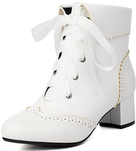 Gicoiz Donna Cordoncino Brogue Tacco a Blocco Stivali con Risvolto Stivali Bowknot Comodo Punta Rotonda Inverno Donna Lovely Chelsea Sposa Stivaletti da Festa Bianco Numero 44 EU-46Cn