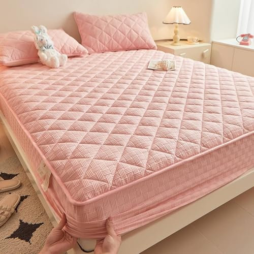 AMDXD Rose Betttuch mit 2er Kissenbezüge 200x220cm Set 3tlg Hülle, Jacquard Spannbettlaken Gesteppt Einfarbig Textilien Klassische, Gestrickte Baumwolle Bett Laken Bezug für alle Jahreszeiten