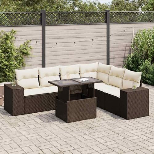 IKAYAA 7-TLG. Garten-Sofagarnitur mit Kissen Braun Poly Rattan #02, Gartensofa, Lounge Sofa Outdoor, Loungemöbel Outdoor, Garten Loungemöbel Set, Balkon Couch, Gartenlounge Outdoor