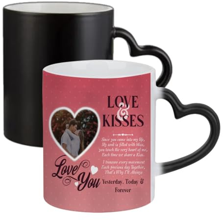 Getagift Love & Kisses Personalized Romantic Valentine’s Day Gift, Ceramic Heart Handle Mug, Colour Changing, Magic Mug.