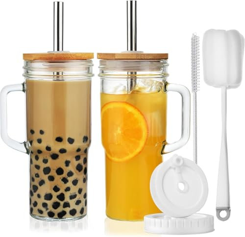 VITEVER 24oz Eiskaffeebecher mit Deckel und Strohhalm, 2 Pack Mason Jar mit Deckel und Strohhalm, Glas Bubble Smoothie Becher, Trinkgläser, 2 Bürsten