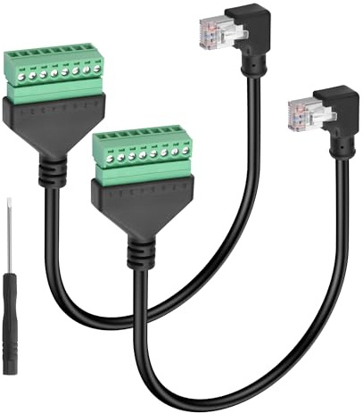 GINTOOYUN 2 Pcs Ethernet Screw Terminal Extension Cable Cat6e 90 Degree RJ45 Male to 8-Pin Detachable Screw Terminal Ethernet Cable for Laptop,Router,Printer etc(11.81 Inch)(Left bend)