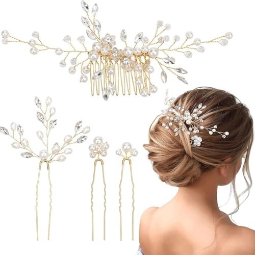 QEDBOJE Accessoire Cheveux Mariage Doré, Lot de 3 Épingles à Cheveux en U pour Mariée, Bijoux Cheveux Cristal et Perles, Élégant Peigne à Cheveux pour Femmes et Filles