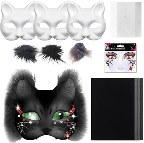 TETSMG Therian Mask Kit, Therian Masken Basteln Set mit Blanko Katzenmaske, Kuns Fell und Mesh, DIY Furry Tiermasken für Halloween, Karneval und Make up Cosplay Party