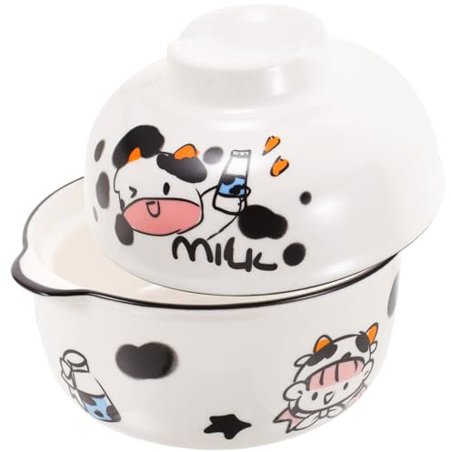 SOLUSTRE 1 Stück Handbemalte Keramikschüssel mit Deckel Niedliche Kuhdesign Brotschale für Snacks und Suppen für Heimdekoration