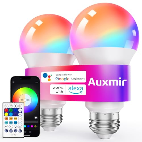Auxmir Lampadina Alexa E27 Intelligente, Lampadine Smart LED Dimmerabile Multicolore RGB e 100+ Modalità, 10W 800 LM Compatibile con App, Alexa e Google Home, Controllo Remoto, 2 Pezzi