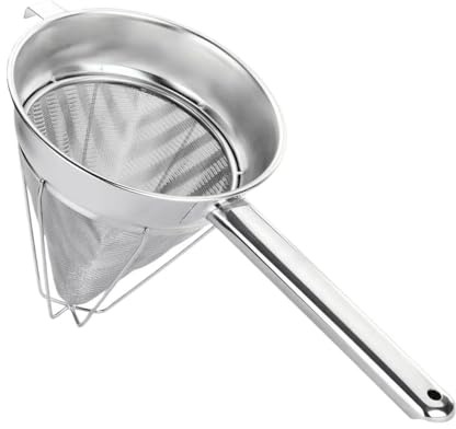 10-Inch Stainless Steel Fine Mesh Chinois Strainer, Large Strainer Reinforced Bouillon Strainer for Sauces, Soups, Purees, Pastes, Jelly, Custard, Curds and etc.