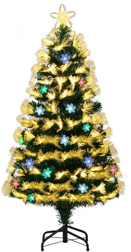 COSTWAY 4FT/5FT Fiber Optic Christmas Tree, Pre-lit Artificial Xmas Tree with 130/170 Branch Tips, 8 Lighting Modes, 14/20 Snowflakes and Star Topper, Seasonal Decoration Tree for Home Party (120 cm)