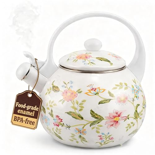UKCOCO Enamel Whistling Kettle Stovetop Tea Kettle for Induction and Gas Hob Thickened Water with Smooth Easy-Clean Enamel Surface for Home and Office Use