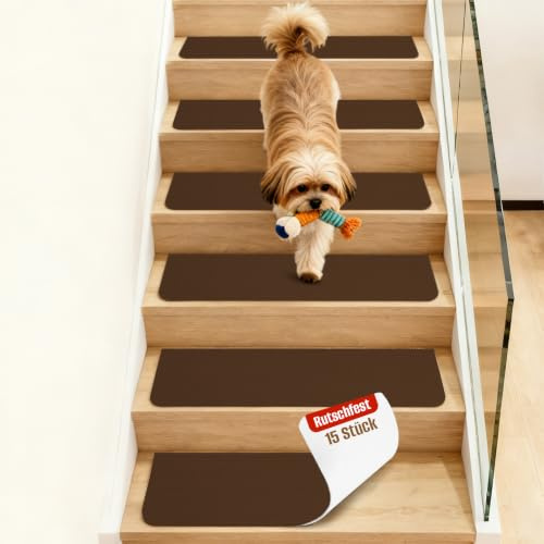 OJTOJT Stufenmatten Selbstklebend, Anti-Rutsch Treppen Teppich, 15 Stück Treppenstufen Matten, 76x20 cm Treppenschutzmatten für Innen, Ideal für Kinder, Senioren und Haustiere(Braun)