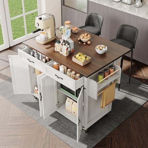 Ktipm Isla de Cocina con Mesa Plegable y Ruedas, Muebles de Cocina con 2 Cajones y 4 Puertas, Aparador Armario Auxiliar Cocina con Toallero para Cocinar y Comer, 140x45-73x92 cm, Blanco